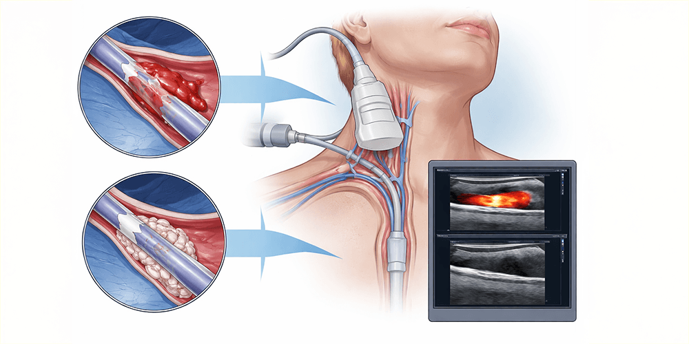 Vascular device complications: Venous thrombosis and fibroblastic sleeve - Differential diagnosis via ultrasound